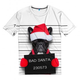 Мужская футболка 3D с принтом Прикольный Санта в Курске, 100% полиэфир | прямой крой, круглый вырез горловины, длина до линии бедер | Тематика изображения на принте: елка | зима | мороз | новый год | снег | снежинки | собака
