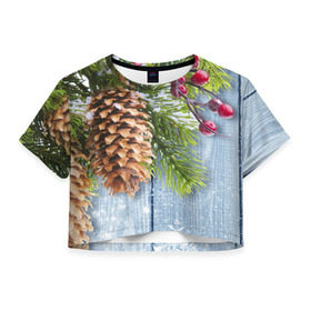 Женская футболка 3D укороченная с принтом Зимушка-Зима в Курске, 100% полиэстер | круглая горловина, длина футболки до линии талии, рукава с отворотами | елка | зима | мороз | новый год | снег | снежинки | ягода