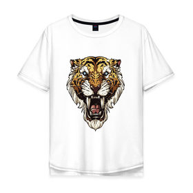 Мужская футболка хлопок Oversize с принтом Тигр тигр тигрррррррр в Курске, 100% хлопок | свободный крой, круглый ворот, “спинка” длиннее передней части | оскал | тигр