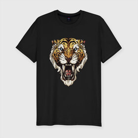 Мужская футболка премиум с принтом Тигр тигр тигрррррррр в Курске, 92% хлопок, 8% лайкра | приталенный силуэт, круглый вырез ворота, длина до линии бедра, короткий рукав | Тематика изображения на принте: оскал | тигр
