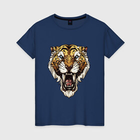 Женская футболка хлопок с принтом Тигр тигр тигрррррррр в Курске, 100% хлопок | прямой крой, круглый вырез горловины, длина до линии бедер, слегка спущенное плечо | Тематика изображения на принте: оскал | тигр