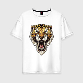 Женская футболка хлопок Oversize с принтом Тигр тигр тигрррррррр в Курске, 100% хлопок | свободный крой, круглый ворот, спущенный рукав, длина до линии бедер
 | Тематика изображения на принте: оскал | тигр