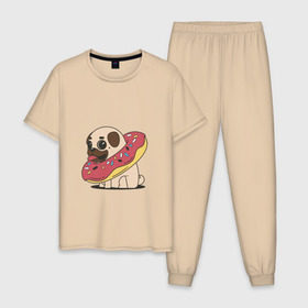 Мужская пижама хлопок с принтом Мопс пончик в Курске, 100% хлопок | брюки и футболка прямого кроя, без карманов, на брюках мягкая резинка на поясе и по низу штанин
 | мопс | новый год | пончик