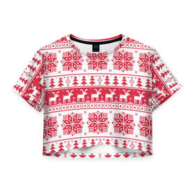 Женская футболка 3D укороченная с принтом mc4 в Курске, 100% полиэстер | круглая горловина, длина футболки до линии талии, рукава с отворотами | елка | елки | новый год | олени | олень | свитер | снежинка | снежинки