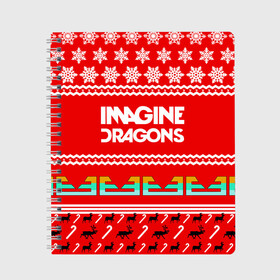 Тетрадь с принтом Праздничный Imagine Dragons в Курске, 100% бумага | 48 листов, плотность листов — 60 г/м2, плотность картонной обложки — 250 г/м2. Листы скреплены сбоку удобной пружинной спиралью. Уголки страниц и обложки скругленные. Цвет линий — светло-серый
 | Тематика изображения на принте: dragons | imagine | альтернативный | американская | арена | бэн макки | группа | драгонс | дэн | дэн рейнольдс | знак | имеджин | инди | индирок | красный | надпись | новогодний | новый год | поп | праздник