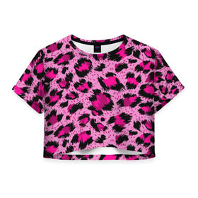 Женская футболка 3D укороченная с принтом Розовый леопард в Курске, 100% полиэстер | круглая горловина, длина футболки до линии талии, рукава с отворотами | Тематика изображения на принте: гепард | леопард