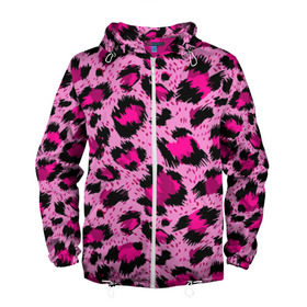 Мужская ветровка 3D с принтом Розовый леопард в Курске, 100% полиэстер | подол и капюшон оформлены резинкой с фиксаторами, два кармана без застежек по бокам, один потайной карман на груди | Тематика изображения на принте: гепард | леопард