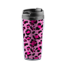 Термокружка-непроливайка с принтом Розовый леопард в Курске, внутренняя часть — пищевой пластик, наружная часть — прозрачный пластик, между ними — полиграфическая вставка с рисунком | объем — 350 мл, герметичная крышка | гепард | леопард