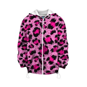 Детская куртка 3D с принтом Розовый леопард в Курске, 100% полиэстер | застежка — молния, подол и капюшон оформлены резинкой с фиксаторами, по бокам — два кармана без застежек, один потайной карман на груди, плотность верхнего слоя — 90 г/м2; плотность флисового подклада — 260 г/м2 | гепард | леопард
