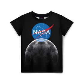 Детская футболка 3D с принтом NASA MOON в Курске, 100% гипоаллергенный полиэфир | прямой крой, круглый вырез горловины, длина до линии бедер, чуть спущенное плечо, ткань немного тянется | galaxy | moon | nasa | space | астрономия | известные | космос | луна | наса | планет