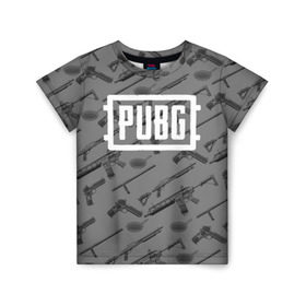Детская футболка 3D с принтом PUBG WEAPONS в Курске, 100% гипоаллергенный полиэфир | прямой крой, круглый вырез горловины, длина до линии бедер, чуть спущенное плечо, ткань немного тянется | playerunknowns battlegrounds | pubg