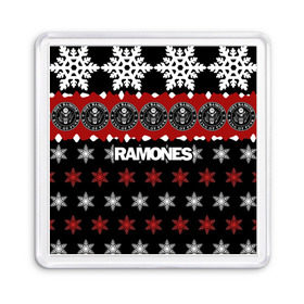 Магнит 55*55 с принтом Праздничный Ramones в Курске, Пластик | Размер: 65*65 мм; Размер печати: 55*55 мм | ramones | группа | джонни | джоуи | ди ди томми | знак | красный | марк | надпись | новогодний | новый год | панк | поп | праздник | раманес | раманэс | рамон | рамонес | рамонэс | рамоун | рамоунз | рамоунс