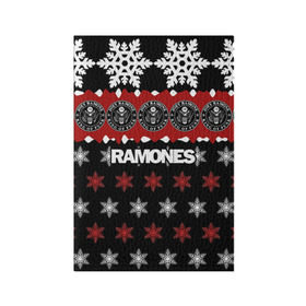 Обложка для паспорта матовая кожа с принтом Праздничный Ramones в Курске, натуральная матовая кожа | размер 19,3 х 13,7 см; прозрачные пластиковые крепления | ramones | группа | джонни | джоуи | ди ди томми | знак | красный | марк | надпись | новогодний | новый год | панк | поп | праздник | раманес | раманэс | рамон | рамонес | рамонэс | рамоун | рамоунз | рамоунс