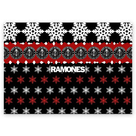 Поздравительная открытка с принтом Праздничный Ramones в Курске, 100% бумага | плотность бумаги 280 г/м2, матовая, на обратной стороне линовка и место для марки
 | ramones | группа | джонни | джоуи | ди ди томми | знак | красный | марк | надпись | новогодний | новый год | панк | поп | праздник | раманес | раманэс | рамон | рамонес | рамонэс | рамоун | рамоунз | рамоунс