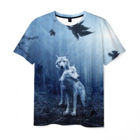 Мужская футболка 3D с принтом White wolves в Курске, 100% полиэфир | прямой крой, круглый вырез горловины, длина до линии бедер | forest | night | wolves | волки | зверь | лес | ночь | пуща | хищник | чаща
