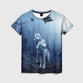 Женская футболка 3D с принтом White wolves в Курске, 100% полиэфир ( синтетическое хлопкоподобное полотно) | прямой крой, круглый вырез горловины, длина до линии бедер | Тематика изображения на принте: forest | night | wolves | волки | зверь | лес | ночь | пуща | хищник | чаща