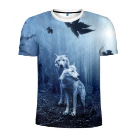Мужская футболка 3D спортивная с принтом White wolves в Курске, 100% полиэстер с улучшенными характеристиками | приталенный силуэт, круглая горловина, широкие плечи, сужается к линии бедра | Тематика изображения на принте: forest | night | wolves | волки | зверь | лес | ночь | пуща | хищник | чаща