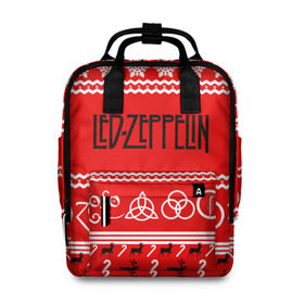 Женский рюкзак 3D с принтом Праздничный Led Zeppelin в Курске, 100% полиэстер | лямки с регулируемой длиной, сверху ручки, чтобы рюкзак нести как сумку. Основное отделение закрывается на молнию, как и внешний карман. Внутри два дополнительных кармана, один из которых закрывается на молнию. По бокам два дополнительных кармашка, куда поместится маленькая бутылочка
 | Тематика изображения на принте: led zeppelin | блюз | группа | джимми пейдж | джон генри бонэм | джон пол джонс | знак | красный | лед зепелен | лед зеппелин | метал | надпись | новогодний | новый год | праздник | роберт плант | рождество