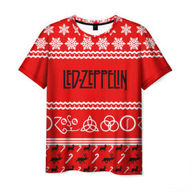 Мужская футболка 3D с принтом Праздничный Led Zeppelin в Курске, 100% полиэфир | прямой крой, круглый вырез горловины, длина до линии бедер | led zeppelin | блюз | группа | джимми пейдж | джон генри бонэм | джон пол джонс | знак | красный | лед зепелен | лед зеппелин | метал | надпись | новогодний | новый год | праздник | роберт плант | рождество