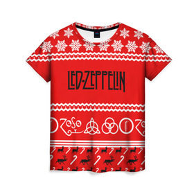 Женская футболка 3D с принтом Праздничный Led Zeppelin в Курске, 100% полиэфир ( синтетическое хлопкоподобное полотно) | прямой крой, круглый вырез горловины, длина до линии бедер | Тематика изображения на принте: led zeppelin | блюз | группа | джимми пейдж | джон генри бонэм | джон пол джонс | знак | красный | лед зепелен | лед зеппелин | метал | надпись | новогодний | новый год | праздник | роберт плант | рождество