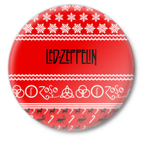 Значок с принтом Праздничный Led Zeppelin в Курске,  металл | круглая форма, металлическая застежка в виде булавки | Тематика изображения на принте: led zeppelin | блюз | группа | джимми пейдж | джон генри бонэм | джон пол джонс | знак | красный | лед зепелен | лед зеппелин | метал | надпись | новогодний | новый год | праздник | роберт плант | рождество