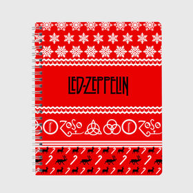 Тетрадь с принтом Праздничный Led Zeppelin в Курске, 100% бумага | 48 листов, плотность листов — 60 г/м2, плотность картонной обложки — 250 г/м2. Листы скреплены сбоку удобной пружинной спиралью. Уголки страниц и обложки скругленные. Цвет линий — светло-серый
 | led zeppelin | блюз | группа | джимми пейдж | джон генри бонэм | джон пол джонс | знак | красный | лед зепелен | лед зеппелин | метал | надпись | новогодний | новый год | праздник | роберт плант | рождество