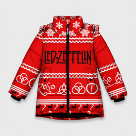 Зимняя куртка для девочек 3D с принтом Праздничный Led Zeppelin в Курске, ткань верха — 100% полиэстер; подклад — 100% полиэстер, утеплитель — 100% полиэстер. | длина ниже бедра, удлиненная спинка, воротник стойка и отстегивающийся капюшон. Есть боковые карманы с листочкой на кнопках, утяжки по низу изделия и внутренний карман на молнии. 

Предусмотрены светоотражающий принт на спинке, радужный светоотражающий элемент на пуллере молнии и на резинке для утяжки. | led zeppelin | блюз | группа | джимми пейдж | джон генри бонэм | джон пол джонс | знак | красный | лед зепелен | лед зеппелин | метал | надпись | новогодний | новый год | праздник | роберт плант | рождество
