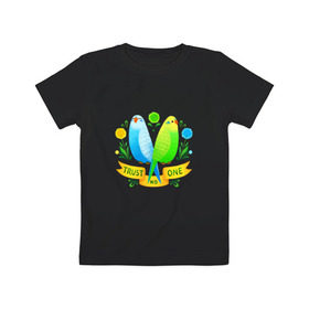 Детская футболка хлопок с принтом Попугаи арт в Курске, 100% хлопок | круглый вырез горловины, полуприлегающий силуэт, длина до линии бедер | волнистый попугай | джунгли | попугай
