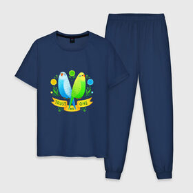 Мужская пижама хлопок с принтом Попугаи арт в Курске, 100% хлопок | брюки и футболка прямого кроя, без карманов, на брюках мягкая резинка на поясе и по низу штанин
 | волнистый попугай | джунгли | попугай