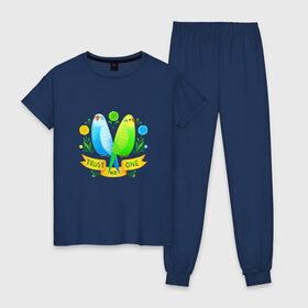 Женская пижама хлопок с принтом Попугаи арт в Курске, 100% хлопок | брюки и футболка прямого кроя, без карманов, на брюках мягкая резинка на поясе и по низу штанин | волнистый попугай | джунгли | попугай