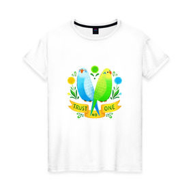 Женская футболка хлопок с принтом Попугаи арт в Курске, 100% хлопок | прямой крой, круглый вырез горловины, длина до линии бедер, слегка спущенное плечо | Тематика изображения на принте: волнистый попугай | джунгли | попугай