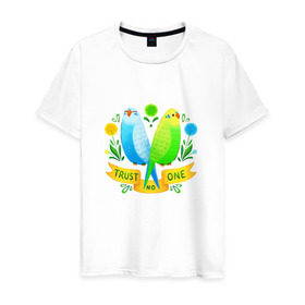 Мужская футболка хлопок с принтом Попугаи арт в Курске, 100% хлопок | прямой крой, круглый вырез горловины, длина до линии бедер, слегка спущенное плечо. | Тематика изображения на принте: волнистый попугай | джунгли | попугай