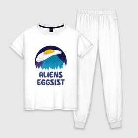 Женская пижама хлопок с принтом НЛО яйца в Курске, 100% хлопок | брюки и футболка прямого кроя, без карманов, на брюках мягкая резинка на поясе и по низу штанин | инопланетяне | нло | секретные материалы | яйца