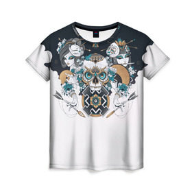 Женская футболка 3D с принтом SKULL JAPAN в Курске, 100% полиэфир ( синтетическое хлопкоподобное полотно) | прямой крой, круглый вырез горловины, длина до линии бедер | arrow | skull | белый | девушка | линии | маски.кот | модные | небо | облако | синий | скелет | стимпанк | стрелы | череп | яркие