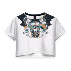 Женская футболка 3D укороченная с принтом SKULL JAPAN в Курске, 100% полиэстер | круглая горловина, длина футболки до линии талии, рукава с отворотами | arrow | skull | белый | девушка | линии | маски.кот | модные | небо | облако | синий | скелет | стимпанк | стрелы | череп | яркие