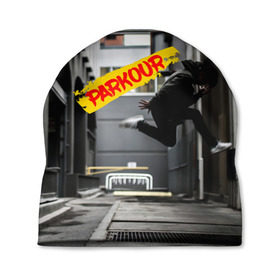 Шапка 3D с принтом parkour в Курске, 100% полиэстер | универсальный размер, печать по всей поверхности изделия | extreme | jumping | parkour | speed | urban | опасность | паркур | прыжки | риск | скорость | экстрим