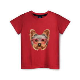 Детская футболка хлопок с принтом Йоркширский терьер в очках сердечках в Курске, 100% хлопок | круглый вырез горловины, полуприлегающий силуэт, длина до линии бедер | домашние животные | пес | собака | терьер