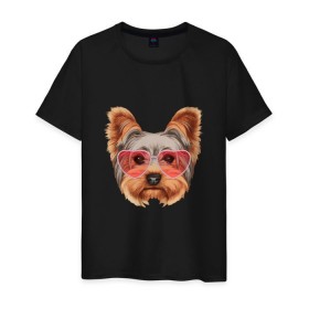 Мужская футболка хлопок с принтом Йоркширский терьер в очках сердечках в Курске, 100% хлопок | прямой крой, круглый вырез горловины, длина до линии бедер, слегка спущенное плечо. | домашние животные | пес | собака | терьер