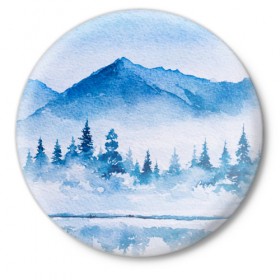 Значок с принтом Зимний пейзаж в Курске,  металл | круглая форма, металлическая застежка в виде булавки | Тематика изображения на принте: арт | елки | зима | картина | краски | лес | пейзаж | природа