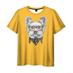 Мужская футболка 3D с принтом Йоркширский терьер_в очках в Курске, 100% полиэфир | прямой крой, круглый вырез горловины, длина до линии бедер | Тематика изображения на принте: домашние животные | пес | собака | терьер
