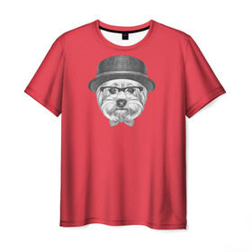 Мужская футболка 3D с принтом Йоркширский терьер в шляпе в Курске, 100% полиэфир | прямой крой, круглый вырез горловины, длина до линии бедер | домашние животные | пес | собака | терьер