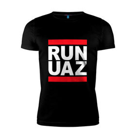 Мужская футболка премиум с принтом Run UAZ в Курске, 92% хлопок, 8% лайкра | приталенный силуэт, круглый вырез ворота, длина до линии бедра, короткий рукав | battlegrounds | player | playerunknowns | pubg | uaz | unknown | згип | ран | уаз