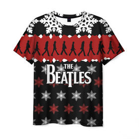 Мужская футболка 3D с принтом Праздничный The Beatles в Курске, 100% полиэфир | прямой крой, круглый вырез горловины, длина до линии бедер | beatles | the beatles | бител | битлз | битлс | битлы | группа | джон леннон | джордж харрисон | жуки | знак | красный | ливерпульская четвёрка | мерсибит | надпись | новогодний | новый год | пол маккартни | поп