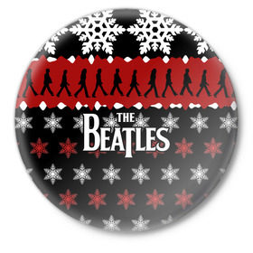 Значок с принтом Праздничный The Beatles в Курске,  металл | круглая форма, металлическая застежка в виде булавки | beatles | the beatles | бител | битлз | битлс | битлы | группа | джон леннон | джордж харрисон | жуки | знак | красный | ливерпульская четвёрка | мерсибит | надпись | новогодний | новый год | пол маккартни | поп