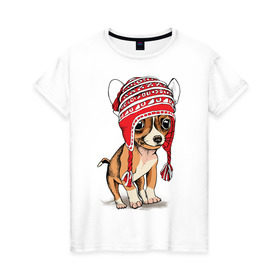 Женская футболка хлопок с принтом Чихуахуа в шапочке в Курске, 100% хлопок | прямой крой, круглый вырез горловины, длина до линии бедер, слегка спущенное плечо | домашние животные | пес | песик | собака | собачка | чихуахуа