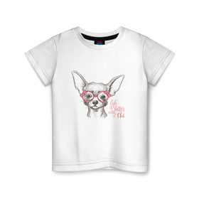 Детская футболка хлопок с принтом Чихуахуа в розовых очках в Курске, 100% хлопок | круглый вырез горловины, полуприлегающий силуэт, длина до линии бедер | домашние животные | пес | собака