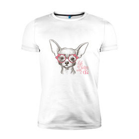 Мужская футболка премиум с принтом Чихуахуа в розовых очках в Курске, 92% хлопок, 8% лайкра | приталенный силуэт, круглый вырез ворота, длина до линии бедра, короткий рукав | домашние животные | пес | собака