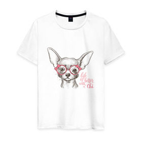 Мужская футболка хлопок с принтом Чихуахуа в розовых очках в Курске, 100% хлопок | прямой крой, круглый вырез горловины, длина до линии бедер, слегка спущенное плечо. | домашние животные | пес | собака