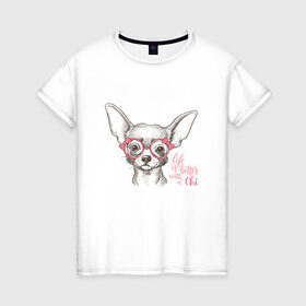 Женская футболка хлопок с принтом Чихуахуа в розовых очках в Курске, 100% хлопок | прямой крой, круглый вырез горловины, длина до линии бедер, слегка спущенное плечо | домашние животные | пес | собака