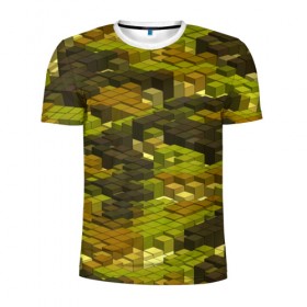 Мужская футболка 3D спортивная с принтом Кубики милитари в Курске, 100% полиэстер с улучшенными характеристиками | приталенный силуэт, круглая горловина, широкие плечи, сужается к линии бедра | камуфляж | объемный | пиксели | хаки
